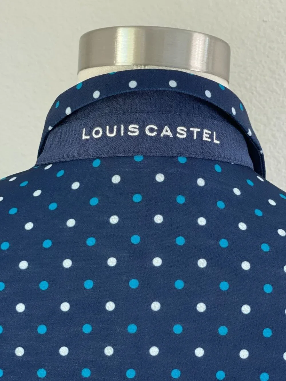 Louis Castel Womens 95 US Small Navy Polka Dot‎ Long Sleeve Golf Polo Shirt Top